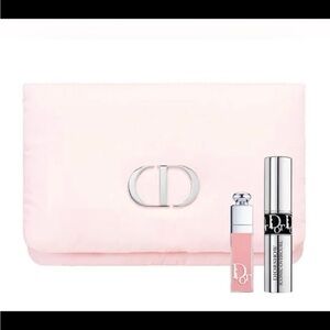 Dior soft pink pillowy flap bag with silver CD, mini lippie, and mascara set NIB